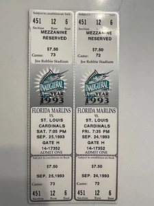 2 MLB FLORIDA MARLINS 1993 INAUGURAL SEASON VS CARDS EXPOS BASEBALL TICKET STUBS - Picture 1 of 2