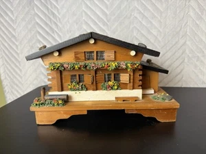 Vintage Wood Cabin Music Box Jewelry Box Dancing Ballerina Folk Works Alpine  - Picture 1 of 12