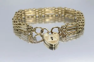 9k Heart Lock Padlock Bracelet. Victorian design 7in 19.5g - Picture 1 of 8