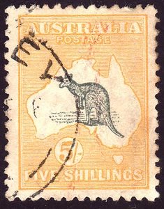1915 5/- Kangaroo 2nd wmk. Fine cancel, A1 perfs Scarce issue - CV is $755+ - Bild 1 von 2
