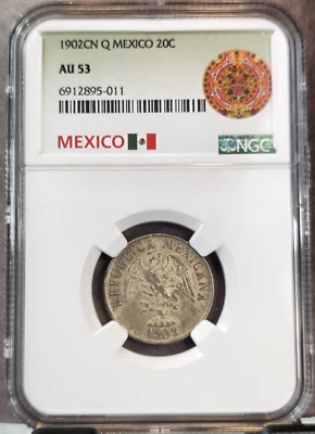 1902 Cn M MEXICO SILVER 20 CENTAVOS EAGLE WITH SNAKE NGC AU 53 GREAT STRIKE - Image 1 of 3