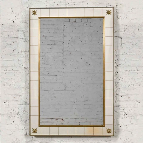 Hollywood Regency Large Scale White Leather Mirror Renzo Rutili Johnson Furn Cover