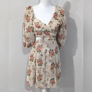 Asos Design Women Floral Print Puffed Sleeves Cutout w/Broidery Mini Dress Sz 4 - Picture 1 of 11