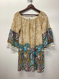 Entro Boutique Tassel Bell Sleeve Lined Print Dress Women’s Small - Picture 1 of 7