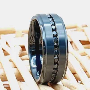 Black CZ Men Proposal Ring Laser Engraved Ring Black Titanium Engagement Ring - Picture 1 of 7