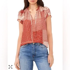 1.STATE Flutter Sleeve Tie Neck Top M - Picture 1 of 6