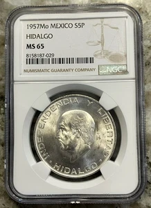 1957 Mo MEXICO SILVER 5 PESOS HIDALGO NGC MS 65 Gem Uncirculated Coin! - Picture 1 of 4