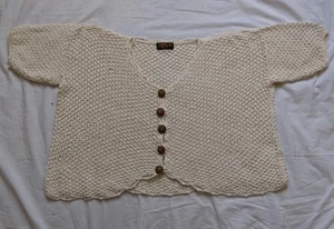 Vintage Rico Cropped Sweater Beige Button Up Short Sleeve Chunky Boho Peasant - Picture 1 of 11