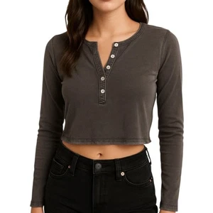 Aerie Women's Grey Soft Wash Long Sleeve Cropped Henley Top Size XS NWT - Picture 1 of 15