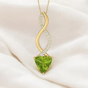 Natural Peridot & Diamond 14k Gold Trillion Pendant August Birthstone # 1019 - Picture 1 of 22