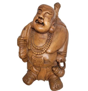 Statua Buddha legno intagliato a mano Hotei Budai 20" x 11" pesante risata felice fortunata - Foto 1 di 12