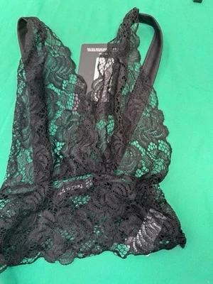 PrettyLittleThing Black Lace Bodysuit UK 4 Plunge Floral Sheer Lingerie - Image 1 of 4