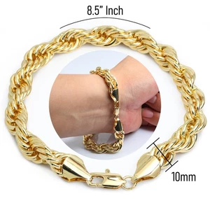Rope Bracelet 10mm "8.5" 14K Gold Plated Hip Hop Jewelry For Men & Women Fashion - Picture 1 of 6