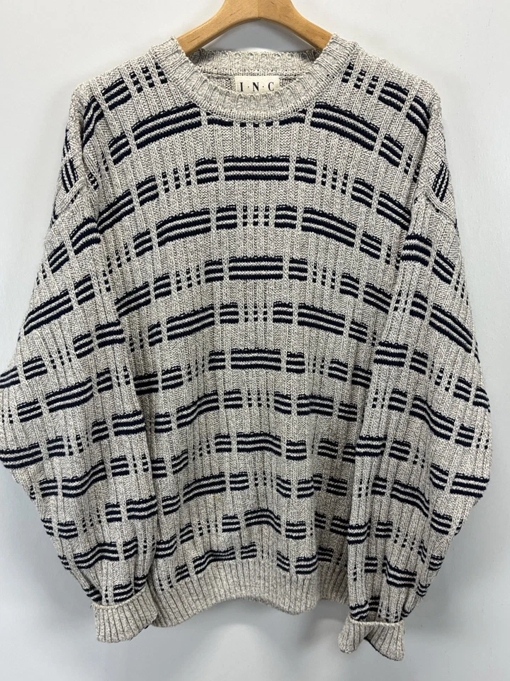 Suéter De Colección INC Talla X-Grande Para Hombres Gris Azul Marino Abuelo Grueso Hecho en 3D EE. UU. 90s Foto 1 de 4