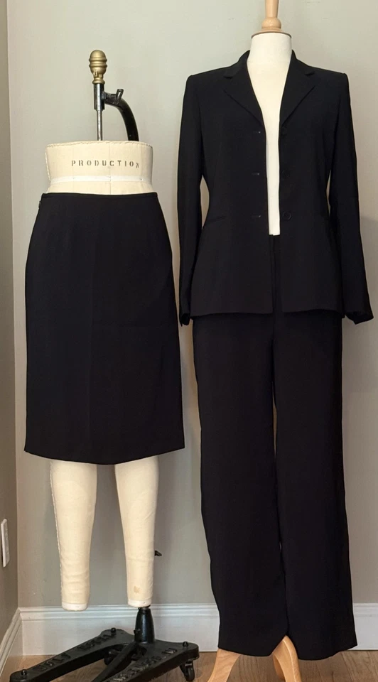 Traje de negocios de trabajo negro para mujer KASPER 3 piezas: pantalones, chaqueta y falda nueva con etiquetas. Foto 1 de 4