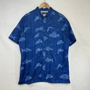 CHAPS L Royal Navy Blue Buttoned Casual Shirt Bass Fish Print Outdoors Vacation - Picture 1 of 8