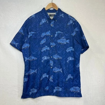 Camisa informal con botones azul marino real CHAPS L estampado de peces lubina vacaciones al aire libre Foto 1 de 4