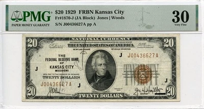 Moneda nacional 1929 $20 PMG VF30 FR# 1870-J, anotada, tinta, Kansas City Foto 1 de 2