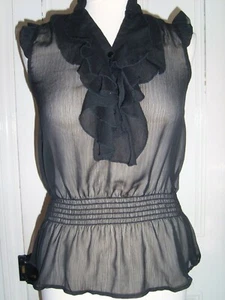 E-vie Black Sheer Sleeveless Ruffle Blouse Size 8 - Picture 1 of 4