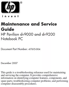 Service Manual for HP Hewlett Packard Pavilion dv9000 dv9200 Notebook (PDF) - Picture 1 of 3