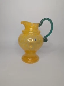 Czech Republic Glass Pitcher Orange swirl Green Applied Handle 10: tall - Picture 1 of 1