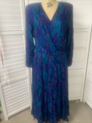 Vestido Vintage Años 80 Saks Fifth Avenue Rayón Tono Joya Paisley Ajuste Acampanado Envoltura Largo Foto 1 de 4