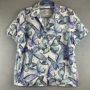 Alfred Dunner Top Size L Blue Butterfly Print Lightweight Button Front Cottage - Picture 1 of 10