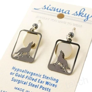 Sienna Sky Earrings Hematite Plated Wolf Howling at Gold Plated Moon Unique Gift - Picture 1 of 4