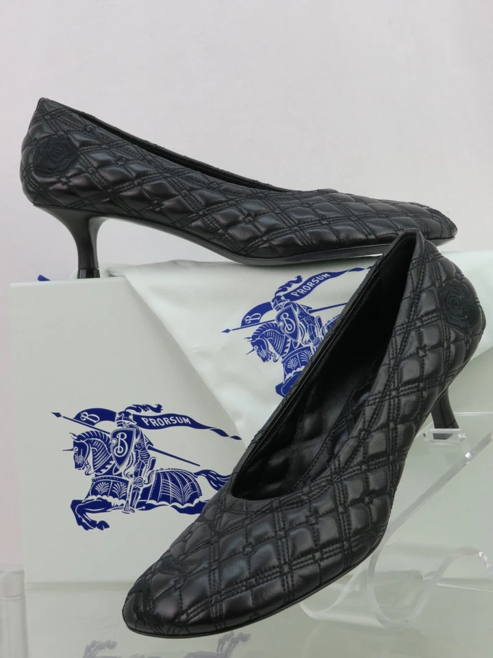 BURBERRY BABY BLACK QUILTED LEATHER LOGO KITTEN HEEL PUMPS EU 36.5 US 6.5 K