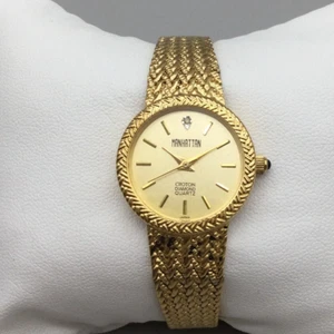 Vtg Manhattan Croton Diamond Watch Women 24mm Gold Tone Woven New Battery 6" - Picture 1 of 14