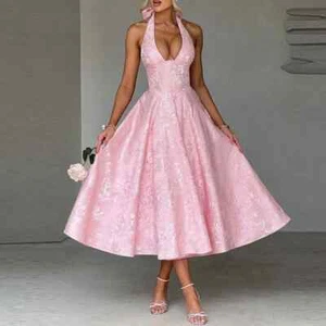 Bow Tie Up Halter Solid Womens Party Dress Fashion Jacquard Slim Fit Swing Dress - Picture 1 of 23