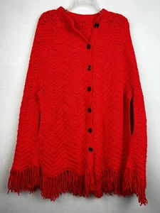 Sweater Shawl Poncho Cable Knit Hippie Red Fringe Cardigan Retro Vtg 70s OS - Picture 1 of 8