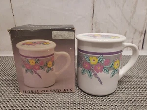 Vintage New Floral Mug 10 Oz Stoneware w Cover/Coaster 80's - Picture 1 of 9