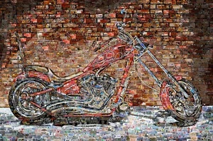 Art Collage Poster Harley By The Wall Made Out Of Motorcycles License Plates - Picture 1 of 11
