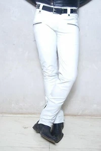 Leather Pants Mens Pant Genuine Jeans Style Real Men Punk Skinny Pocket White 12 - Picture 1 of 7