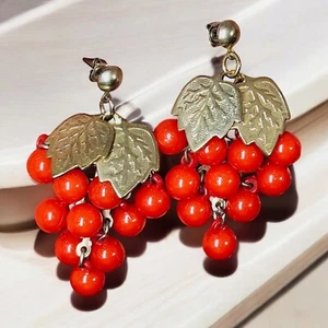 Antique Coral Bunch Grapevine Earrings Golden Leafs Victorian Clusters Dangle - Picture 1 of 12