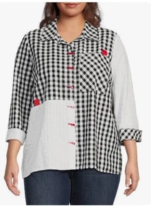 Ali Miles Large Black White Plaid Button Down Artsy Relaxed Red Accents Gauzy - Picture 1 of 7