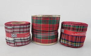 Lot of 3 Christmas Wired Ribbon Plaid Red Green Black Ivory New - Picture 1 of 7
