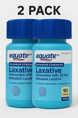 Pacote com 2 laxantes Equate Maximum Strength 25mg 90 comprimidos cada | Alívio rápido | Mar - Imagem 1 de 4