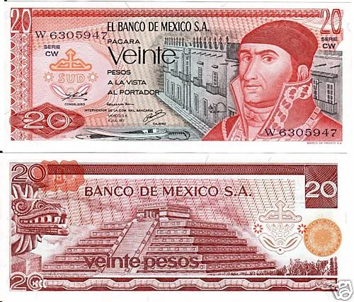 墨西哥,20 比索,墨西哥银行 S.A.,7-8-1977,系列 CW,P-64d — 第 1/1 张图片