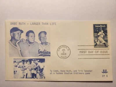 FDC Babe Ruth Ty Cobb Tris Speaker  MLB NY Yankees D-702 1983 - Image 1 of 3