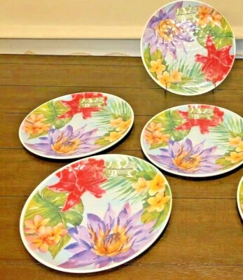 NEW TOMMY BAHAMA Melamine 4 Dinner Plates Set PLUMERIA FLORAL Tropical GORGEOUS - Image 1 of 4