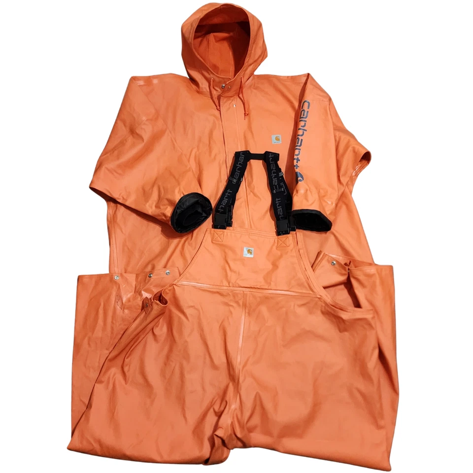Carhartt Mens 4XL Orange Belfast Waterproof PVC Rain Coat & Bib Overall Pants - Image 1 of 4