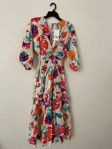 NWT Zara v neck poplin maxi dress multicolor knot detail puff sleeve women small - Picture 1 of 14