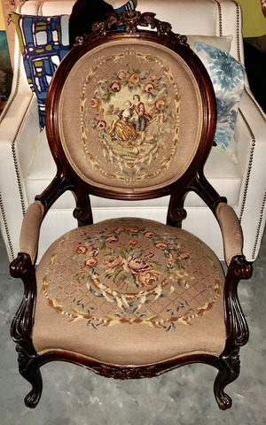 Antique Late 1800’s Rosewood Victorian Arm Chair Needlepoint Back & Seat Cover