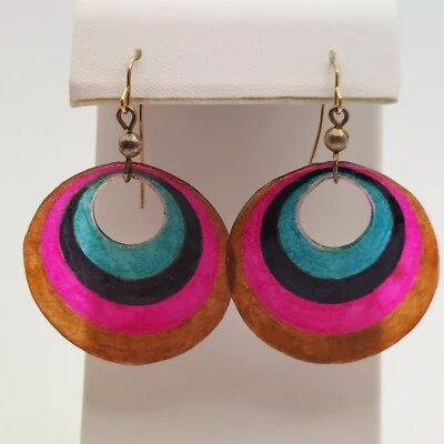 Groovy 70's Style Round Hoop Earrings Lightweight Plastic Pierced Boho Dangle - Image 1 of 4