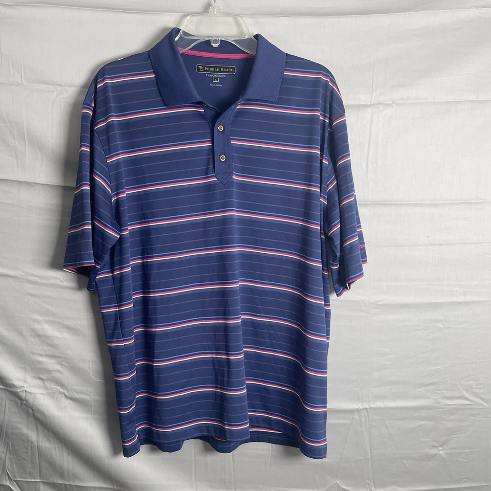 Pebble Beach Mens Polo Shirt L Blue Pink Striped Short Sleeve Performance Golf - Image 1 of 4