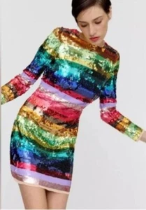 Mini Vestido Mac Duggal Rayas Lentejuelas Manga Larga Colorido Cóctel Fiesta Talla 4 - Imagen 1 de 9