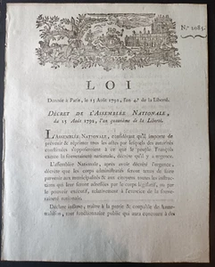 LOIS ARRETES DECRETS - LOI - l'An Quatrième de la Liberté - 15 Août 1792 - Imagen 1 de 2