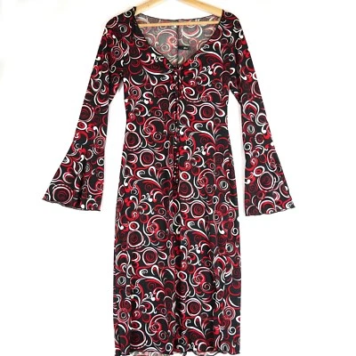 Vintage Trixxi Women's Flare Sleeve Y2K Swirl Pattern Red Midi Dress Size M  - Image 1 of 4